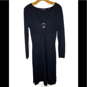 BCBGMAXAZRIA Black Knit Long Sleeve V Neck MIDI Dress W Buckle Accent M
